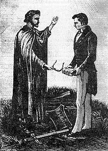 An 1893 engraving of Joseph Smith receiving the golden plates and other artifacts from the angel Moroni.