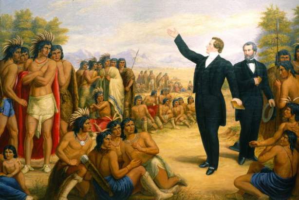 An 1890 oil painting of Joseph Smith preaching to the Indians. The painting was commissioned for the Salt Lake Temple and it hung there for over fifty years.