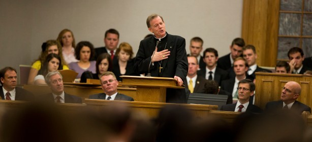 credit: LDS Church Newsroom The Most Reverend Bishop John Charles Wester of the Salt Lake City Diocese of the Catholic Church speaks to students at the LDS Institute of Religion and at the Alumni House on the campus of Utah Valley University in Orem, Utah Tuesday Sept. 18, 2012. (August Miller, UVU Marketing)