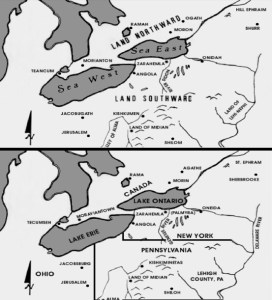 credit: Vernal Holley, "Book of Mormon Authorship: A Closer Look" (1992) Though never endorsed by the Mormon Church, Latter-day Saint Vernal Holley’s map (top) based upon his opinion or “pet theory” of the Land of Promise location; The bottom is Holley’s map of the same area as it existed around the time of Joseph Smith, showing the same or similar names. (click to enlarge)