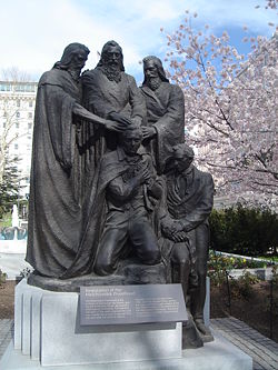 Bronze statue in Temple Square, Salt Lake City, representing Peter, James, and John in the act of conferring the Melchizedek priesthood to Joseph Smith and Oliver Cowdery, as envisioned by most modern Latter-day Saints