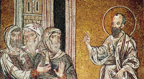 credit: Courtesy of the Bridgeman Art Library “St. Paul Preaching to the Jews in the Synagogue at Damascus,” from Scenes from the Life of St. Paul (mosaic), Byzantine School, 12th century. Duomo, Monreale, Sicily, Italy)