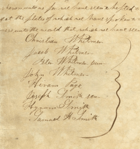 Exhibit A: Testimony of Eight Witnesses, late June 1829 Christian Whitmer, Jacob Whitmer, Peter Whitmer Jr., and others, Testimony of Eight Witnesses, Palymra, NY, late June 1829; in Book of Mormon Printer’s Manuscript, p. 464; handwriting of Oliver Cowdery; (credit: Joseph Smith Papers Project)