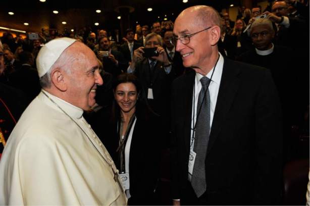 credit: © Photograph by Chris Warde-Jones/Humanum.it. Pope Francis and Henry B. Eyring First Counselor in the First Presidency of The Church of Jesus Christ of Latter-day Saints. At a 2014 Vatican Summit of religious leaders on marriage.