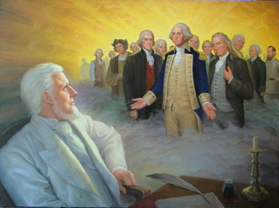 This painting was inspired by Woodruff's address in the April 1898 General Conference in which he claimed that eminent spirits had appeared to him demanding more Temple work be done for them. "Eminent Spirits Appear to Wilford Woodruff" by Ken Corbett