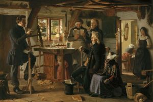 "Mormons visit a country carpenter" (1856) by Christen Dalsgaard, depicting a mid-19th century visit of a missionary to a Danish carpenter's workshop. The first missionaries arrived in Denmark in 1850.