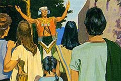 A large, strong man named Nehor went about teaching lies. He said that everyone would be saved, whether they were good or bad. Alma 1:2–6 (Liahona magazine August 1992)