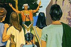 A large, strong man named Nehor went about teaching lies. He said that everyone would be saved, whether they were good or bad. Alma 1:2–6 (Liahona magazine August 1992)